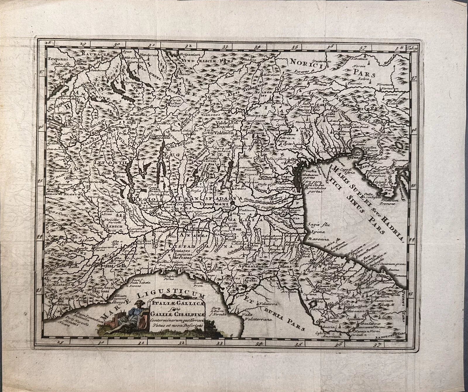 A copper plate atlas map of Italy and France from 1697 by cartographer Philippi Cluverii. The map is an antique original depicting the regions of Italiae Gallicae and Galliae Cis Alpinae, with a decorative cartouche.

"Italiae Gallicae sive Galliae Cis Alpinae"

Philippi Cluverii

Introductio in universam Geographiam

Amsterdam, 1697

approx. 12 x 10 1/4 inches

copperplate engraving with original hand coloring

Very Good/Excellent: folds as issued; natural paper wrinkle in lower left corner; pencil inscrib