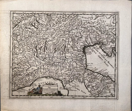 A copper plate atlas map of Italy and France from 1697 by cartographer Philippi Cluverii. The map is an antique original depicting the regions of Italiae Gallicae and Galliae Cis Alpinae, with a decorative cartouche.

"Italiae Gallicae sive Galliae Cis Alpinae"

Philippi Cluverii

Introductio in universam Geographiam

Amsterdam, 1697

approx. 12 x 10 1/4 inches

copperplate engraving with original hand coloring

Very Good/Excellent: folds as issued; natural paper wrinkle in lower left corner; pencil inscrib