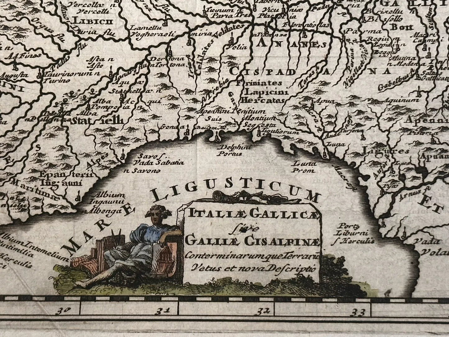 A copper plate atlas map of Italy and France from 1697 by cartographer Philippi Cluverii. The map is an antique original depicting the regions of Italiae Gallicae and Galliae Cis Alpinae, with a decorative cartouche.

"Italiae Gallicae sive Galliae Cis Alpinae"

Philippi Cluverii

Introductio in universam Geographiam

Amsterdam, 1697

approx. 12 x 10 1/4 inches

copperplate engraving with original hand coloring

Very Good/Excellent: folds as issued; natural paper wrinkle in lower left corner; pencil inscrib