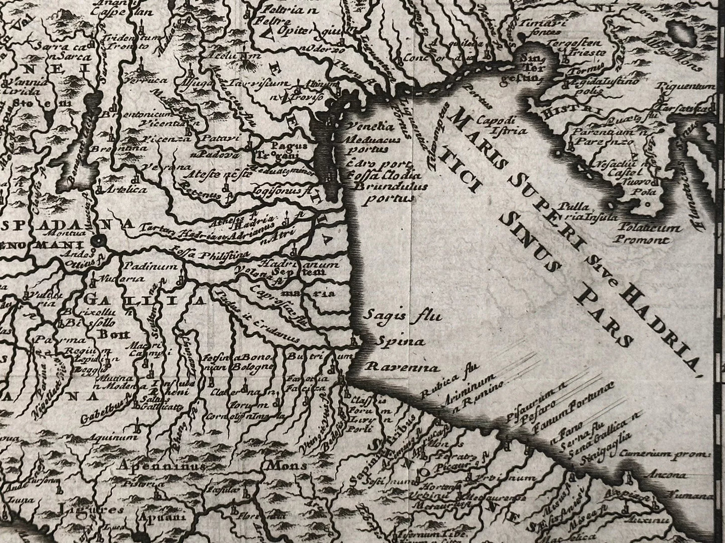 A copper plate atlas map of Italy and France from 1697 by cartographer Philippi Cluverii. The map is an antique original depicting the regions of Italiae Gallicae and Galliae Cis Alpinae, with a decorative cartouche.

"Italiae Gallicae sive Galliae Cis Alpinae"

Philippi Cluverii

Introductio in universam Geographiam

Amsterdam, 1697

approx. 12 x 10 1/4 inches

copperplate engraving with original hand coloring

Very Good/Excellent: folds as issued; natural paper wrinkle in lower left corner; pencil inscrib