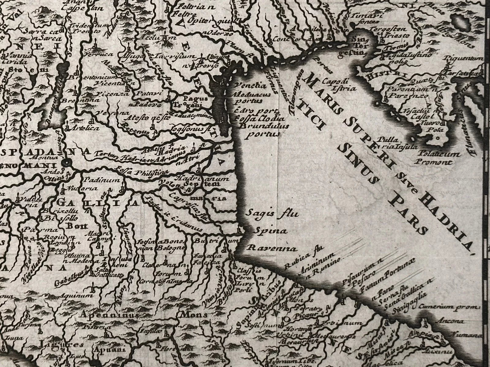 A copper plate atlas map of Italy and France from 1697 by cartographer Philippi Cluverii. The map is an antique original depicting the regions of Italiae Gallicae and Galliae Cis Alpinae, with a decorative cartouche.

"Italiae Gallicae sive Galliae Cis Alpinae"

Philippi Cluverii

Introductio in universam Geographiam

Amsterdam, 1697

approx. 12 x 10 1/4 inches

copperplate engraving with original hand coloring

Very Good/Excellent: folds as issued; natural paper wrinkle in lower left corner; pencil inscrib