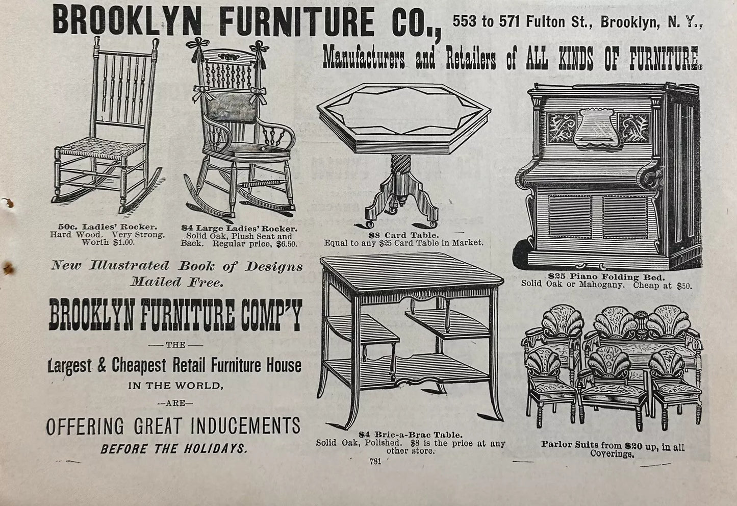 1896 Brooklyn Furniture Company Antique Print Ad, Retail Furniture House