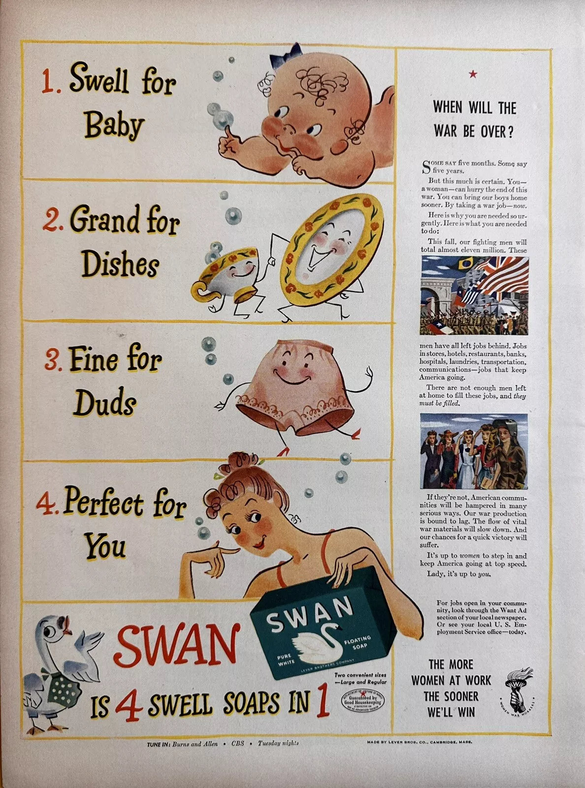 The product is a 1943 Swan Soap print ad from the WW2 era, featuring an illustrated advertisement associated with CBS, Burns &amp; Allen. This multi-color advertisement showcases a historical promotion for soap and detergent products, created in the United States.

Displayed Product: Swan Soap

Year: 1943

Size: Approximately 10.5x14

Condition: good